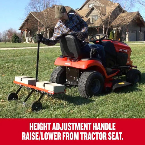 40 Inch Tow Behind Lawn Dethatcher Beast With 20 Durable Spring Steel Tines, Universal Hitch Fits Any Lawn Tractor in use