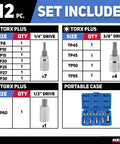 Torx Plus Bit Socket Set For One Quarter Inch, Three Eighths Inch, And One Half Inch Drives, 12-Piece List with Case