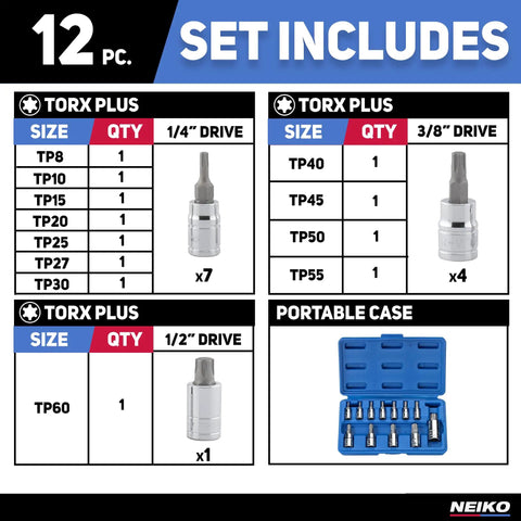 Torx Plus Bit Socket Set For One Quarter Inch, Three Eighths Inch, And One Half Inch Drives, 12-Piece List with Case
