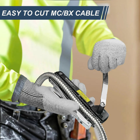 Heavy Duty Workhorse MC Cable Cutter Adjusts 3/16 To 7/10 Inches cutting MC and BX cable with ergonomic handle and gloves.
