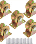 Tough As Nails Two Inch V Groove Caster Wheels For Inverted V Track Sliding Gates Heavy Duty Rigid Industrial Rollers set with sealed bearings.