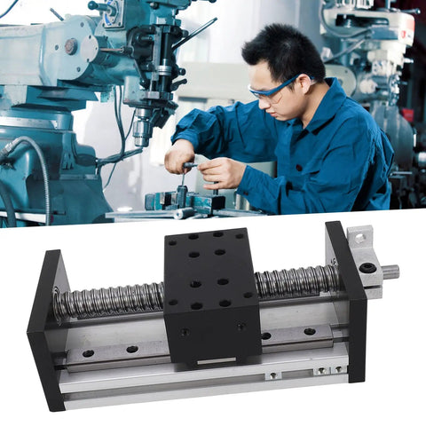 Precision Linear Motion Guide Actuator With Hand Wheel For CNC X Y Z Axes, 100mm Stroke Aluminum Alloy Stage Rail shown with technician.