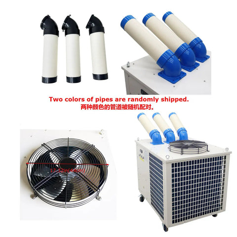 Heavy Duty Industrial Air Conditioner, Massive 220V Outdoor Evaporative Cooler with duct pipes and fan, ideal for cooling large spaces.