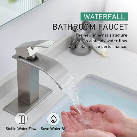 Brushed Nickel Waterfall Bathroom Faucet with Modern Single Handle for 1 or 3 Holes with Deck Plate, eco-friendly flow