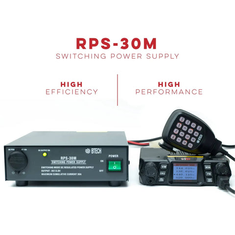 RPS-30M Beefy 30 Amp Compact Regulated Bench Power Supply with 13.8V DC Output and paired radio and microphone.