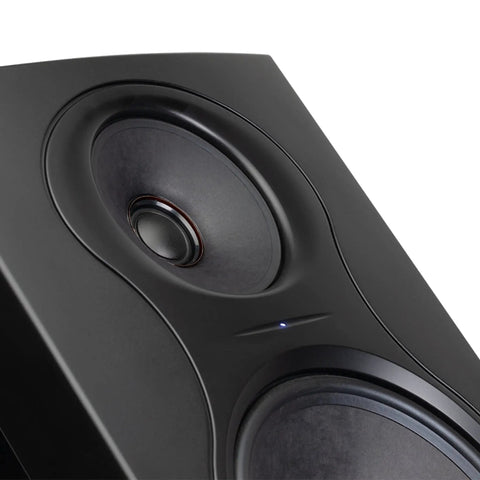 Close-up of IN 8 V2 8 Inch Powered Studio Monitor with 3 Way Coaxial Design in black, focusing on tweeter and midrange