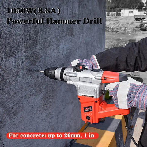 Beast Mode Heavy Duty 1 Inch SDS Plus Rotary Hammer Drill Kit With 8.8 Amp Motor being used on concrete wall