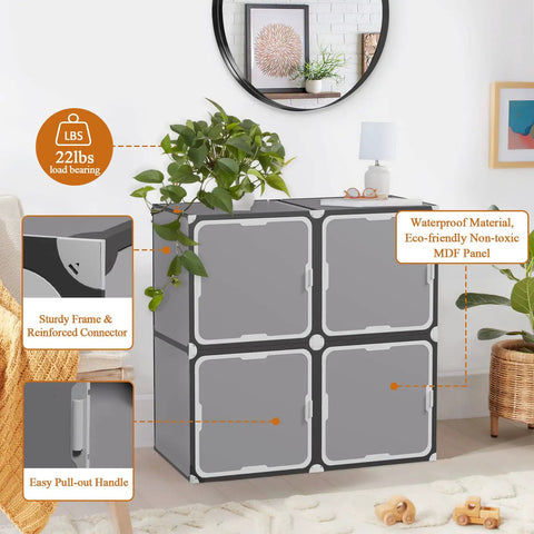 Totally Versatile 4 Cube Storage Organizer With Doors in Dark Grey, showing sturdy frame, MDF panel, and 221lbs load bearing.
