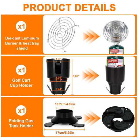 Diagram of Portable Propane Golf Cart Heater With Cup Holder And Cylinder Base 2 In 1 Outdoor Space Heater parts and dimensions.