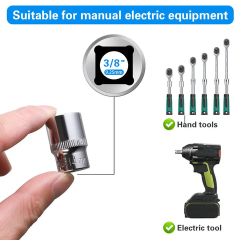 Six Piece 14 Millimeter Shallow Socket Set With Three Eighths Inch Drive, shown with socket and tool compatibility icons