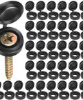 Plastic hinged screw cover caps nested beside screws, black flip tops open, 150 pcs snap washer style, protects screws from rust and corrosion.