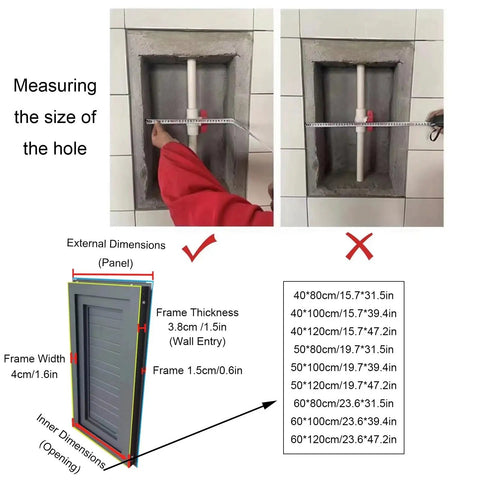 Measuring hole size for Sleek Aluminum Attic Access Door With Heavy Duty Handle For Zero Hassle Drywall Tuck Away Wall Concealment Hatch.