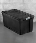 Heavy Duty Workhorse Plastic Storage Totes 50 Gallon Bulk Nine Pack Featuring Secure Snap Latching Lids Stackable Bin Set side view on a gray surface.