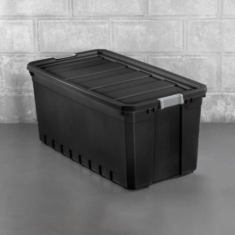 Heavy Duty Workhorse Plastic Storage Totes 50 Gallon Bulk Nine Pack Featuring Secure Snap Latching Lids Stackable Bin Set side view on a gray surface.