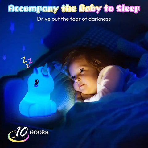Child in bed with glowing blue Kids Night Light With Remote, 7 Color Kawaii Cat Nursery Lamp, USB Rechargeable Safe Silicone Glow For Babies Toddlers Teens.
