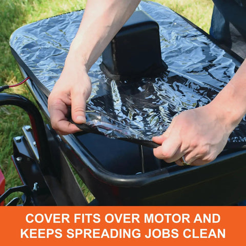 Cover on Zero Turn Mower Electric Spreader With 125 Lb Rustproof Poly Hopper protects sealed 12V motor, keeps spreading jobs clean.
