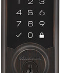 Keyless Entry SmartCode Touchpad Electronic Deadbolt With SmartKey, Satin Nickel Finish, front view of keypad on door