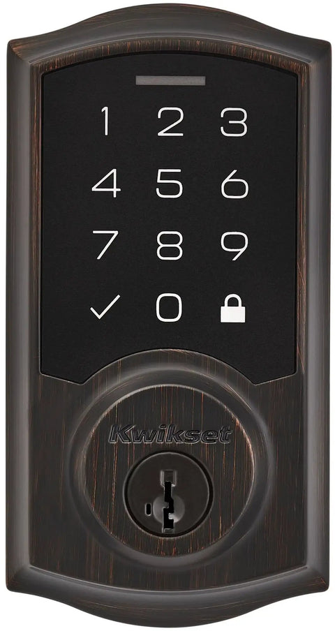 Keyless Entry SmartCode Touchpad Electronic Deadbolt With SmartKey, Satin Nickel Finish, front view of keypad on door
