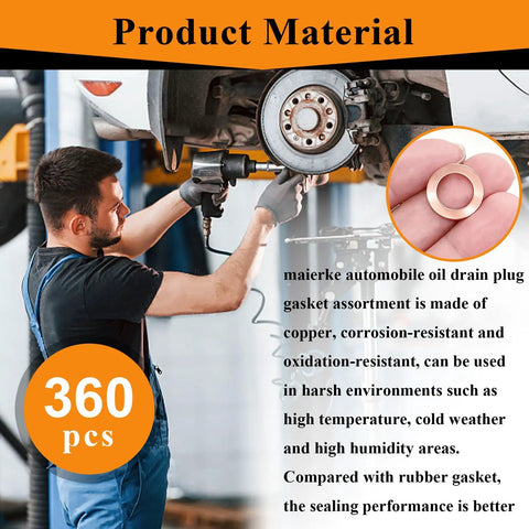 Mechanic using Copper Oil Drain Plug Crush Washer Set 360 pcs 18 Sizes M6 to M24 Automotive Engine Gasket Assortment.