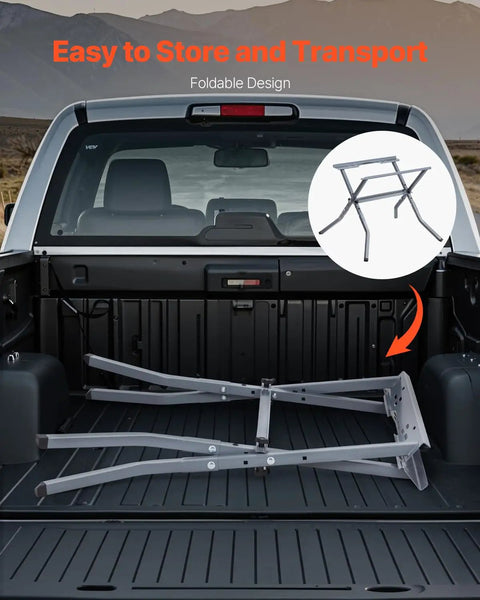 Heavy Duty Table Saw Stand With 350 Pound Load Capacity shown folded in a truck bed, showcasing its portable design.