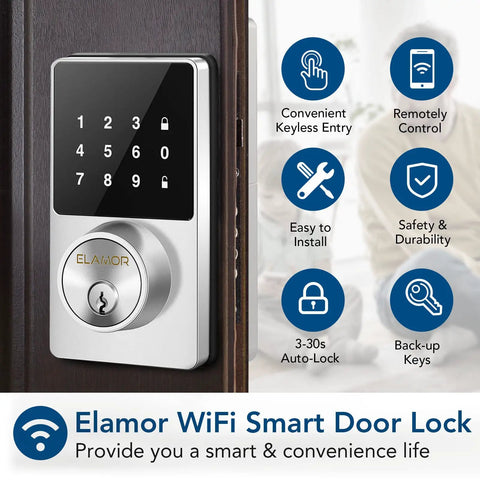 Touchscreen Keypad Smart Deadbolt With Wi Fi And Bluetooth, Keyless Entry And Remote Control Via App, front view, silver.