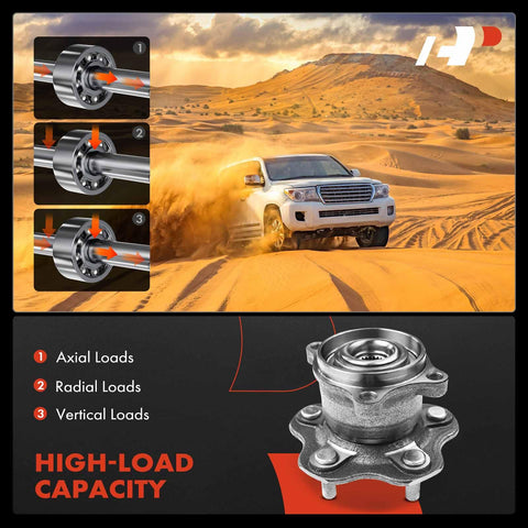 Two Rear Wheel Bearing And Hub Assemblies With 5 Lug Pattern For Nissan Rogue 2008 Through 2013 And Juke 2011 Through 2014 AWD Only High Load Capacity And Durable Sealed Bearings For Smooth Trouble Free Rides, illustrated with durability under axial, radial, and vertical loads.