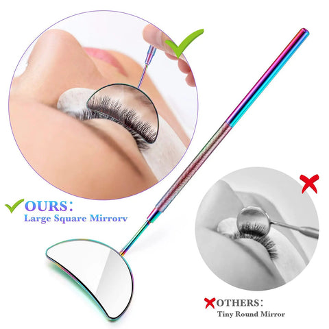 Two Piece Lash Mirror For Eyelash Extensions Half Moon Stainless Steel Lash Tool 1.96 Inch Mirror Large 6.5 Inch Overall Great Lash Inspection For Women And Girls Lash Pros And DIY Makeup, rainbow handle