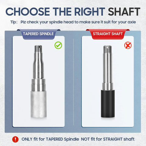 Infographic comparing tapered spindle and straight shaft for trailer axles with labeled diagrams.