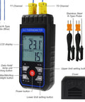 Front view of dual-channel K/J thermometer with four K-type thermocouples; handheld unit with backlit LCD display