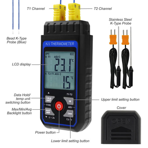 Front view of dual-channel K/J thermometer with four K-type thermocouples; handheld unit with backlit LCD display