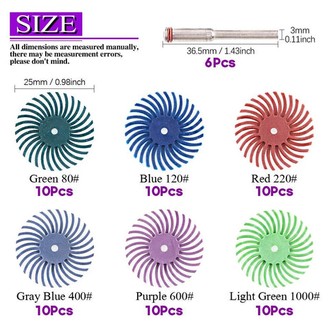 Swpeet 6-piece radial bristle abrasive discs set with mixed grits 80–1000 and 1/8" shank for rotary tools