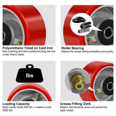 Heavy Duty Caster Wheels Set Four Inch By Two Inch Polyurethane On Cast Iron Core One Half Inch Bore Beefy Industrial Cart Toolbox Replacement Wheels Non Marking Smooth Quiet Roll Four Wheel Set details with polyurethane tread, roller bearing, loading capacity, and grease fitting images.