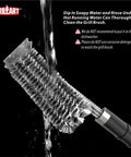 Close-up of Three In One 18 Inch BBQ Grill Brush and Scraper Kit with running water cleaning the wire bristles under a tap.