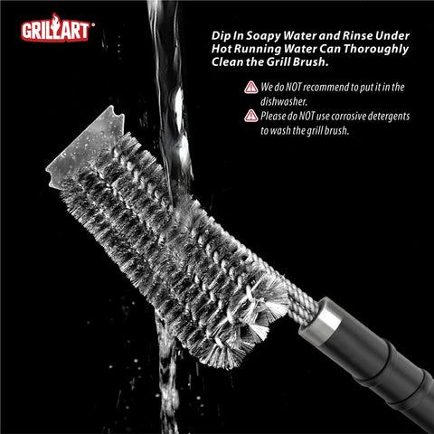 Close-up of Three In One 18 Inch BBQ Grill Brush and Scraper Kit with running water cleaning the wire bristles under a tap.