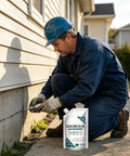 Man applying Heavy Duty Concrete Crack Filler and Cement Joint Sealant for Driveway Repair using sealing glue at home.