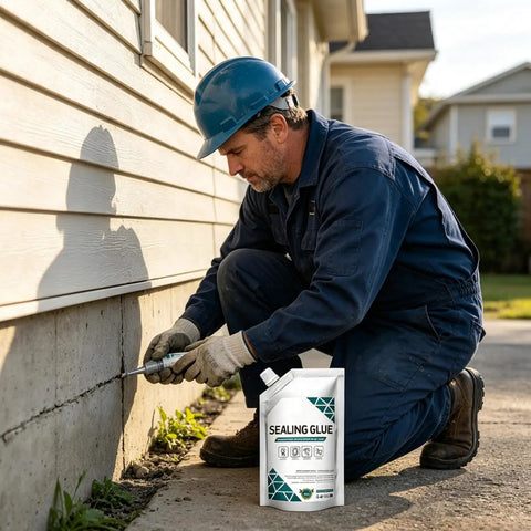 Man applying Heavy Duty Concrete Crack Filler and Cement Joint Sealant for Driveway Repair using sealing glue at home.