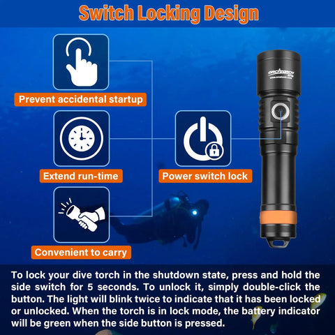 Instructional guide for Beast Mode 3000 Lumen Underwater Dive Light with switch locking feature, black aluminum body.