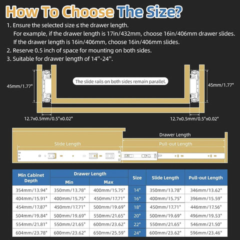 Pro Grade 16 Inch Soft Close Drawer Slides 5 Pair Full Extension Ball Bearing Side Mount Heavy Duty Cabinet Glides With 100 Pound Capacity No Fuss Hardware Kitchen Rails That Slide Like Butter size chart for drawer lengths and slide specifications.