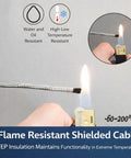 Top Shelf Heavy Duty Four Core Fep Shielded Cable Featuring Stranded Silver Plated Copper Conductors Built To Handle Extreme Heat And Cold Up To Two Hundred Degree Celsius Daily, shown in a flame test.