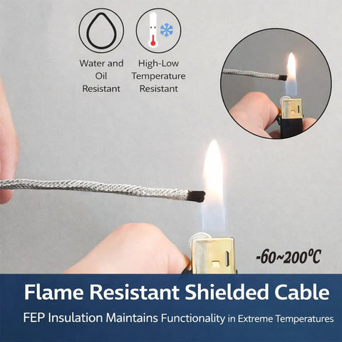 Top Shelf Heavy Duty Four Core Fep Shielded Cable Featuring Stranded Silver Plated Copper Conductors Built To Handle Extreme Heat And Cold Up To Two Hundred Degree Celsius Daily, shown in a flame test.