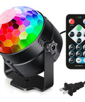 Sound Activated Party Lights With Remote DJ Lighting 7 Modes Rotating Disco Ball, black base, colorful light pattern, remote control shown