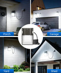30W Plug In LED Wall Pack Light With Dusk To Dawn Sensor in use on porch, garage, yard, and shed, 5000K daylight, 3600 lm