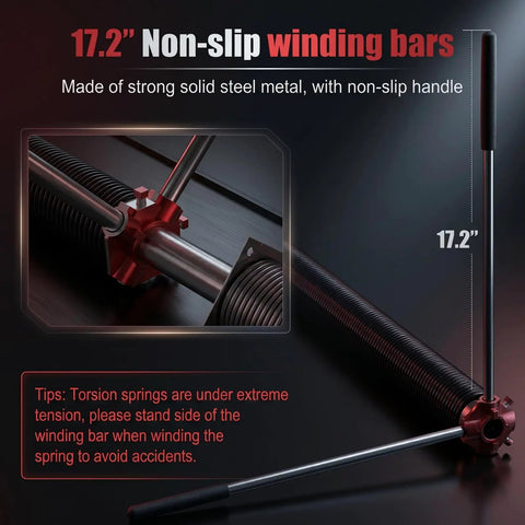 17.2-inch non-slip winding bars for Pair Of 2 Inch Garage Door Torsion Spring Set With Non Slip Winding Bars And Center Bearing Black Coated 0.250x2x30 Replacement And DIY Install Kit For Up To 16,000 Cycles