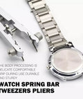 Watch Spring Bar Tool Kit With Pliers And 10 Tips for quick strap replacement, durable aluminum alloy build in silver, shown with watch band.