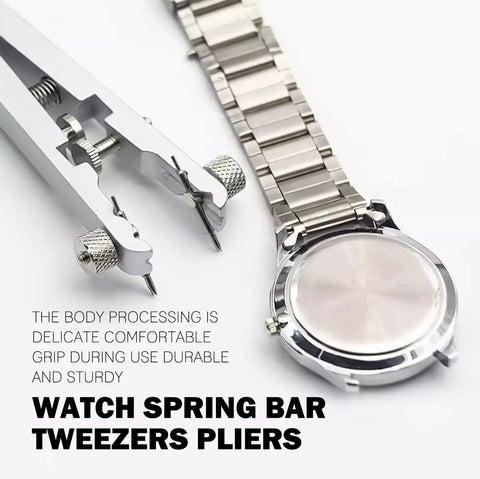 Watch Spring Bar Tool Kit With Pliers And 10 Tips for quick strap replacement, durable aluminum alloy build in silver, shown with watch band.