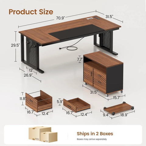 L Shaped Executive Desk With Rolling File Cabinet And Built In Power Outlets For A Boss Level Workspace dimensions and features