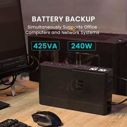Uninterruptible Power Supply With AVR Battery Backup And Surge Protector For Home Office and Networking Gear on desk.