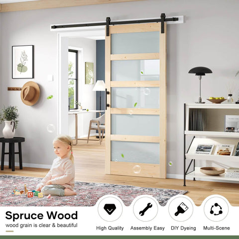 Glass Sliding Barn Door Kit 34 By 84 Inch With Six Feet Of Hardware Included Five Panel Frosted Glass In Spruce Wood Frame Installed