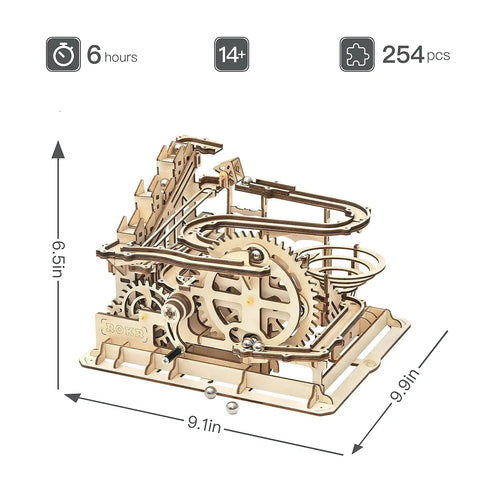 Totally 3D Wooden Marble Run Puzzle Kit With Gear Powered Roller Coaster Track For Adults No Glue Needed Hands On DIY Mechanical Model Gift Idea With Waterwheel Lifter And Multi Level Tracks, 9.1in x 6.5in x 9.9in, 254 pcs