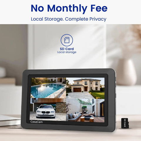 Plug And Play DIY Wireless Security Camera System With 7 Inch Touchscreen Monitor displaying multiple 720p camera views Model VS802.